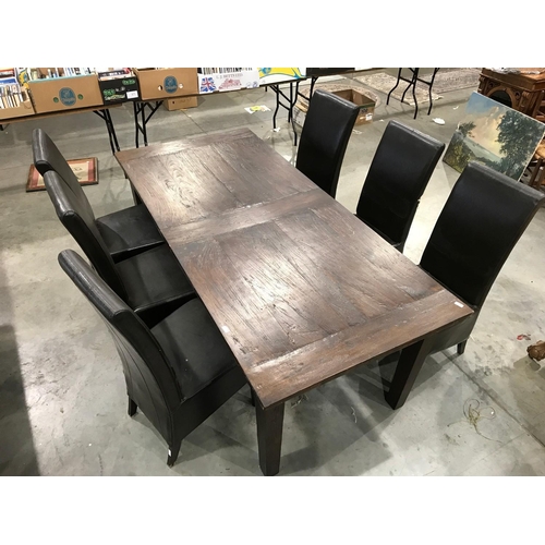 365 - LARGE INDONESIAN DINING TABLE, approx. 220 x 99 cm TOGETHER WITH 6 MATCHING  'LEATHER' UPHOLSTERED D... 