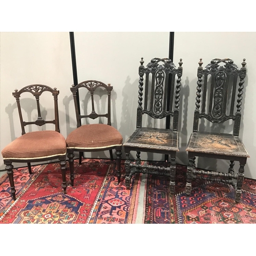 368 - PR. CARCED OAK CHAIRS AND PR. EDWARDIAN MAHOGANY CHAIRS