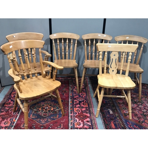 389 - SET OF 5 PINE SPINDLE BACK KITCHEN CHAIRS (3 PLUS 2 CARVERS) TOGETHER WITH 1 OTHER SIMILAR