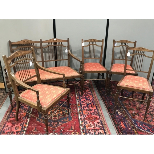 392 - EDWARDIAN INLAID MAHOGANY SALON SUITE COMPRISING 2 SEATER SOFA AND 4 MATCHING CHAIRS