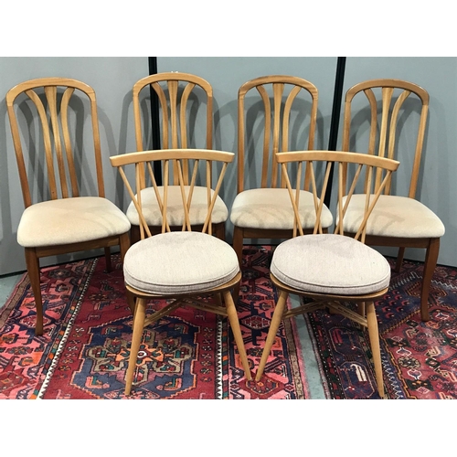 395 - SET OF 4 MODERN DINING CHAIRS MARKED ARAN TOGETHER WITH 2 STICK BACK CHAIRS POSSIBLY ERCOL