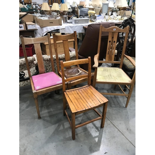 400 - ARTS AND CRAFTS STYLE ARM CHAIR WITH RUSH SEAT, SCHOOL CHAIR TOGETHER WITH PAIR OF DINING CHAIRS