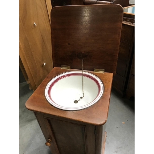 51 - MAHOGANY POT CUPBOARD WITH HINGED TOP AND FITTED WASH BOWL