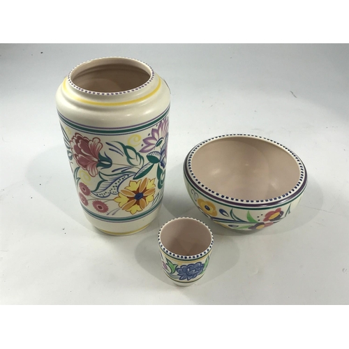 755 - POOLE POTTERY CYLINDRICAL VASE, SHALLOW BOWL AND SMALL POT