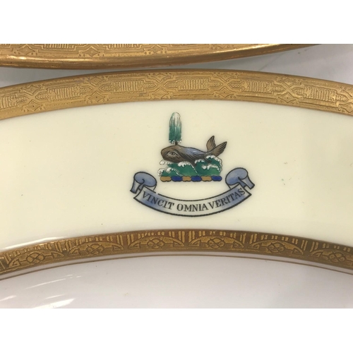 794 - 2 LARGE ROYAL WORCESTER CREAM AND GILT OVAL MEAT PLATES DECORATED WITH CRESTS