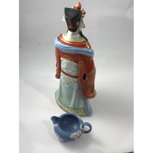 853 - 3 MODERN CHINESE FIGURES TOGETHER WITH MISC. CHINA AND PORCELAIN INCLUDING AYNSLEY, SPODE AND WEDGWO... 