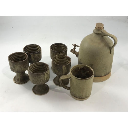 854 - STONEWARE URN, 5 GOBLETS AND A TANKARD