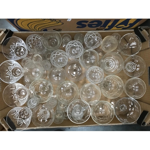 930 - 3 GOOD SIZED BOXES OF ASSORTED CUT & PRESSED DRINKING GLASSES, TUMBLERS, WINE AND SUNDRY GLASS.