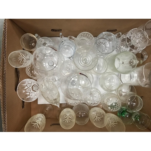 930 - 3 GOOD SIZED BOXES OF ASSORTED CUT & PRESSED DRINKING GLASSES, TUMBLERS, WINE AND SUNDRY GLASS.