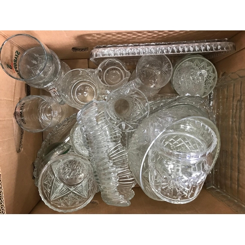 943 - 2 BOXES OF HEAVY PRESSED AND CUT GLASS, INCLUDING 4 DECANTERS, COLOURED GLASS, BOWLS ETC