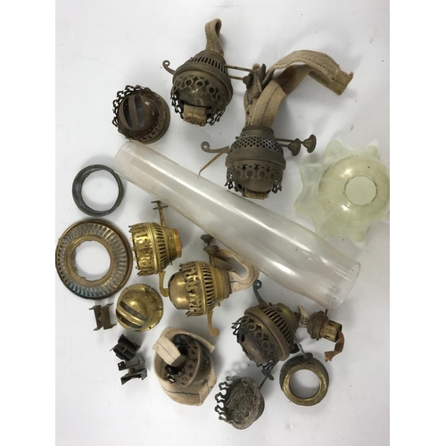 970 - MISC. OIL LAMP FITTINGS AND A VASELINE GLASS LAMP SHADE