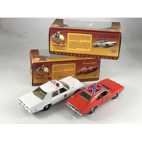 227 - JOY RIDE 1:18 SCALE DUKES OF HAZARD POLICE CAR AND GENERAL LEE CAR, DUKES OF HAZARD ANNUAL