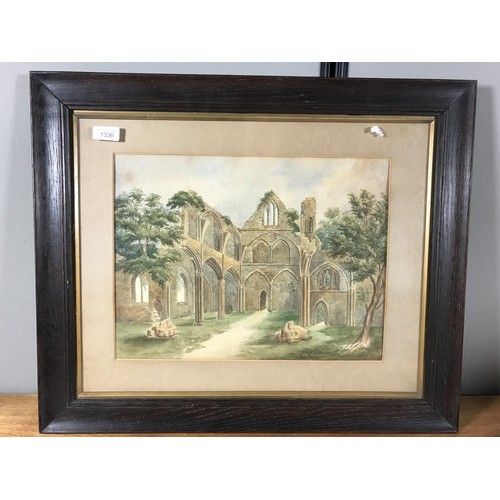 1336 - FRAMED WATER COLOUR UNSIGNED OF A RUINED ABBEY VIEW