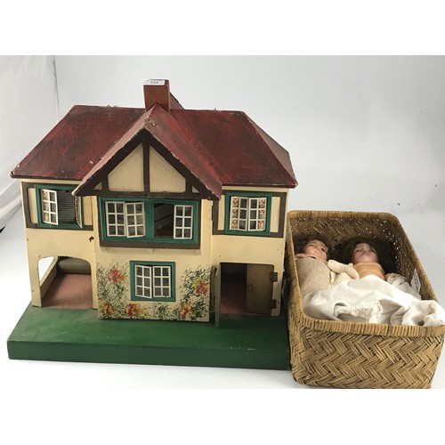 334 - DOLLS HOUSE, ACCESSORIES AND 2 OLD DOLLS