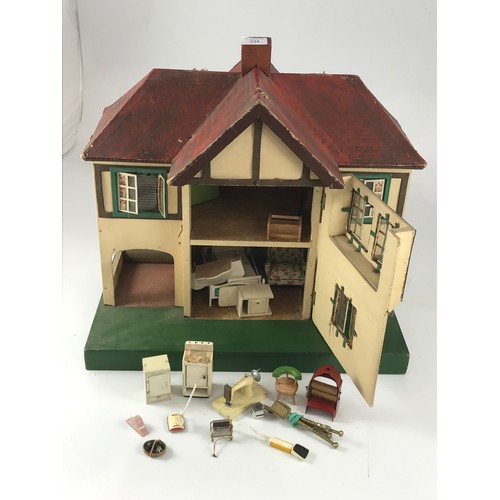 334 - DOLLS HOUSE, ACCESSORIES AND 2 OLD DOLLS