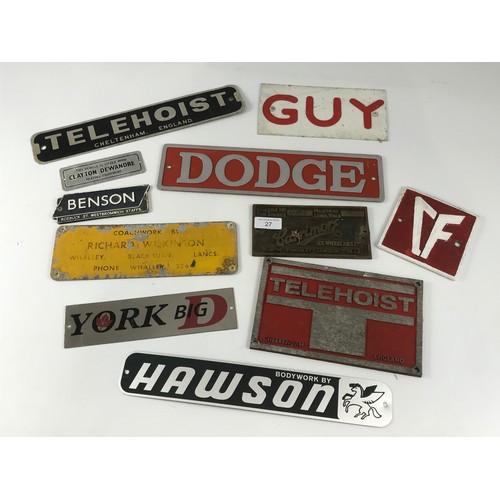 27 - COLLECTION OF VARIOUS LORRY AND TRAILER PLATES INCLUDING GUY, DODGE, YORK, HARSON, TELEHOIST, RICHAR... 