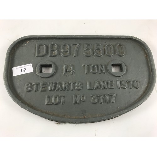 62 - RAILWAY WAGON WORKS PLATE DB975500 14 TON STEWART LANE 1970  LOT NUMBER 3717