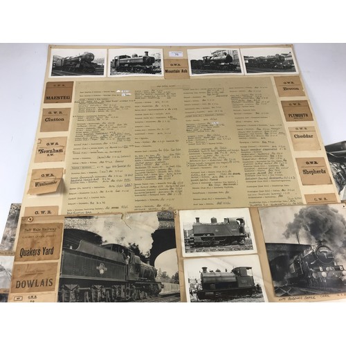 76 - 9 LARGE CARD DISPLAYS OF RAILWAY PHOTOGRAPHS, LUGGAGE LABELS MOSTLY GWR AND SIMILAR