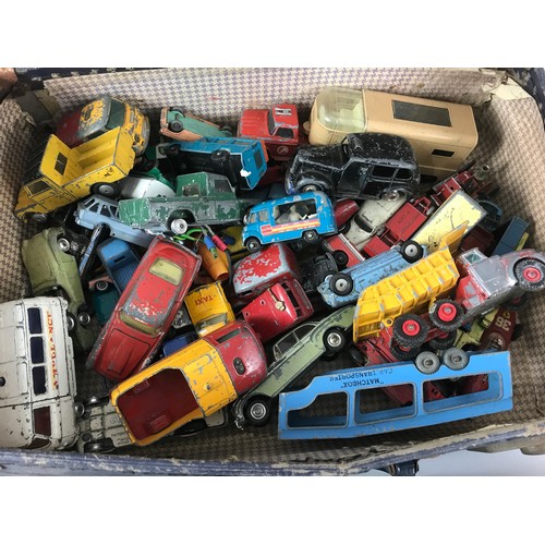 340 - 2 CASES OF PLAY WORN DIE CAST TOYS, MAINLY DINKY AND CORGI INCLUDING OLDER CHIPPERFIELD CIRCUS VEHIC... 