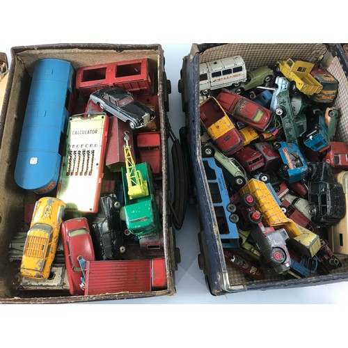 340 - 2 CASES OF PLAY WORN DIE CAST TOYS, MAINLY DINKY AND CORGI INCLUDING OLDER CHIPPERFIELD CIRCUS VEHIC... 