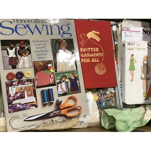 1404 - 3 BOXES OF SEWING PATTERNS, MATERIALS, BOOKS, KNITTING NEEDLES ETC