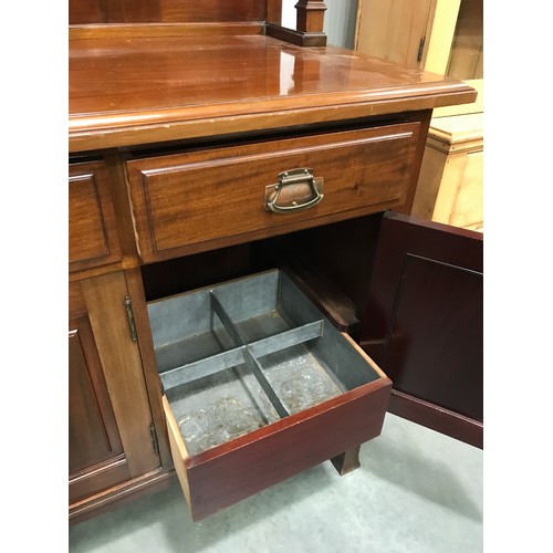 11 - ARTS AND CRAFTS STYLE MAHOGANY SIDE BOARD WITH BEVELLED MULTI PANE GLAZED DISPLAY SECTION ABOVE