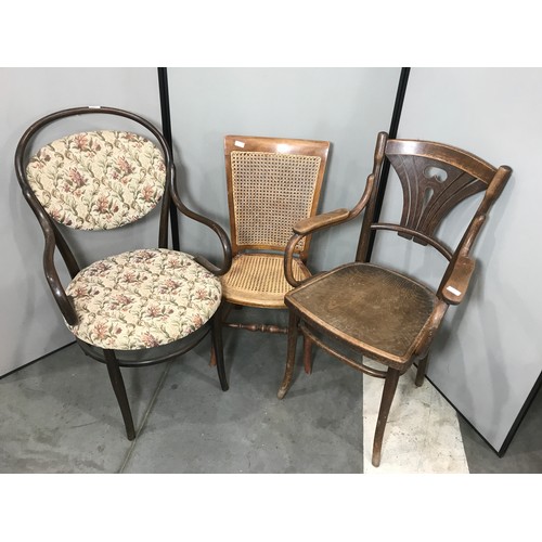 399 - 2 BENTWOOD CHAIRS AND ANOTHER WITH CANED SEAT AND BACK