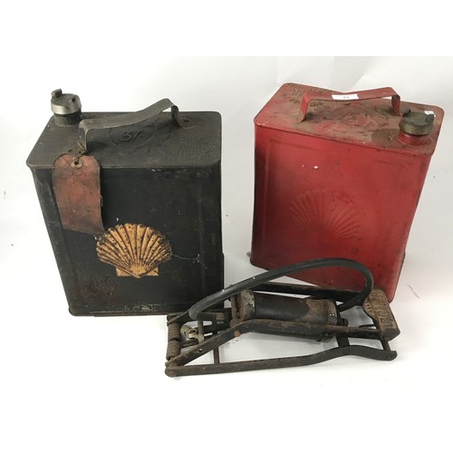 43 - 2 VINTAGE SHELL FUEL CANS AND A FOOT PUMP