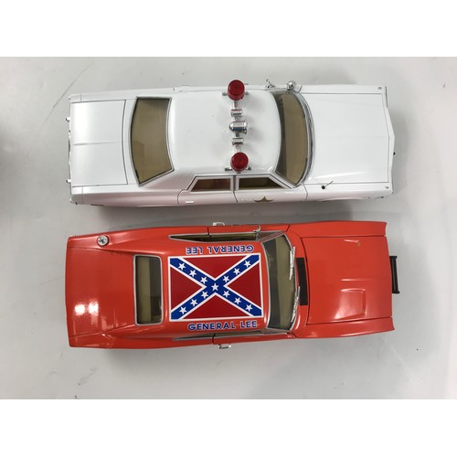 227 - JOY RIDE 1:18 SCALE DUKES OF HAZARD POLICE CAR AND GENERAL LEE CAR, DUKES OF HAZARD ANNUAL