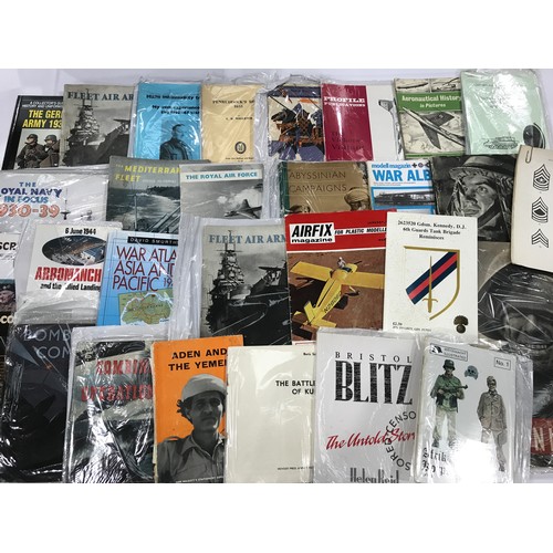 411 - BOX OF ASSORTED BOOKS PREDOMINENTLY MILITARY INCLUDING OSPREY PUBLICATION TITLES, SUNDRY WAR TIME PU... 