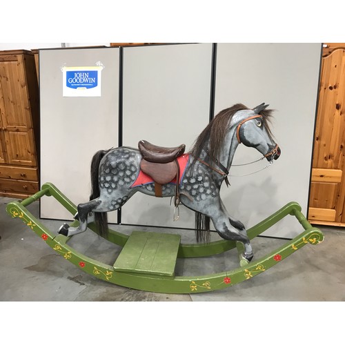 1600 - VERY LARGE SCALE ROCKING HORSE WITH A CURVED BASE ROCKER AND FOOT PLATFORM, DAPPLE GREY HORSE WITH M... 