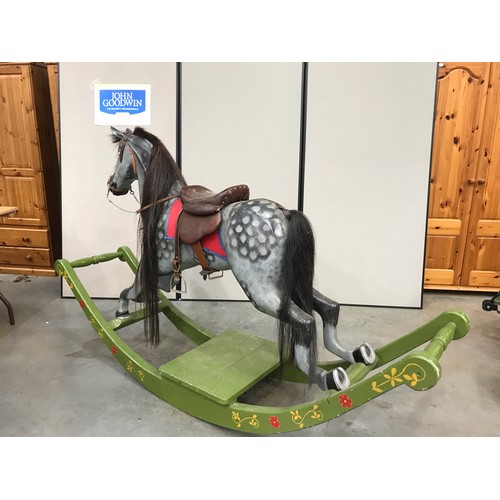 1600 - VERY LARGE SCALE ROCKING HORSE WITH A CURVED BASE ROCKER AND FOOT PLATFORM, DAPPLE GREY HORSE WITH M... 