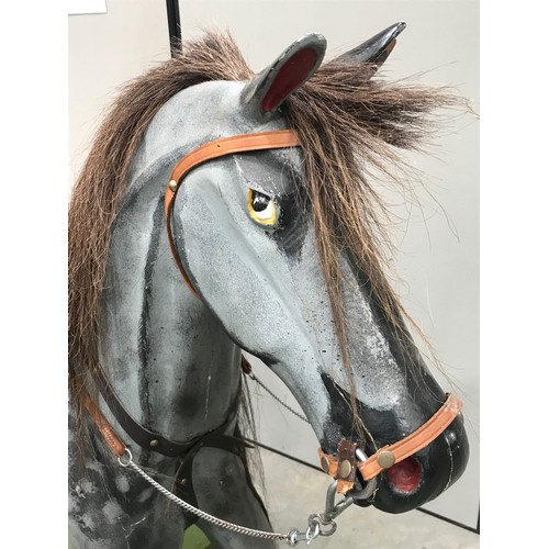 1600 - VERY LARGE SCALE ROCKING HORSE WITH A CURVED BASE ROCKER AND FOOT PLATFORM, DAPPLE GREY HORSE WITH M... 