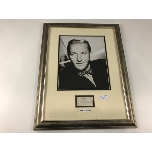 1613 - FRAMED AUTOGRAPH ON LETTER WITH A PHOTO OF BING CROSBY, CERTIFICATE BY BD AUTOGRAPHS