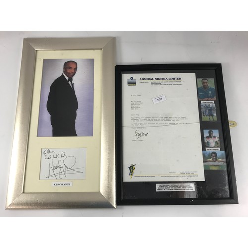 1614 - SIGNED CARD WITH PHOTO OF KENNY LYNCH, NO CERT T/W LETTER TO REG KRAY IN HMP SIGNED BY JOHN FASHANU