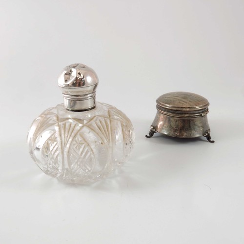 577 - CUT GLASS BOTTLE WITH SILVER TOP AND A SILVER TRINKET BOX WITH HINGED COVER