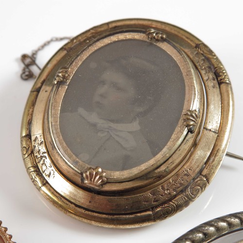 755 - MEMORIAL/ MOURNING BROOCH WITH PHOTO LOCKET AND HAIR, CAMEO BROOCH AND ONE OTHER