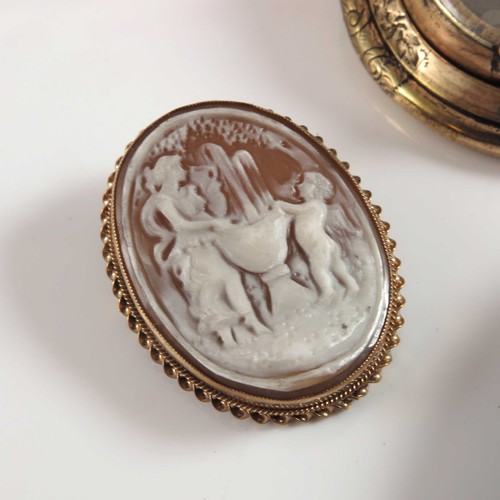 755 - MEMORIAL/ MOURNING BROOCH WITH PHOTO LOCKET AND HAIR, CAMEO BROOCH AND ONE OTHER