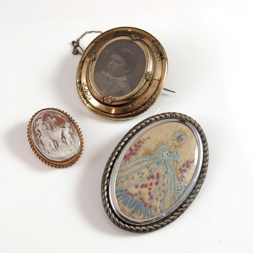 755 - MEMORIAL/ MOURNING BROOCH WITH PHOTO LOCKET AND HAIR, CAMEO BROOCH AND ONE OTHER