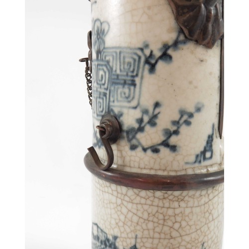 302 - CHINESE PORCELAIN BLUE AND WHITE CYLINDRICAL OPIUM SMOKER WITH METAL FITTINGS AND CRACKLE GLAZED DEC... 