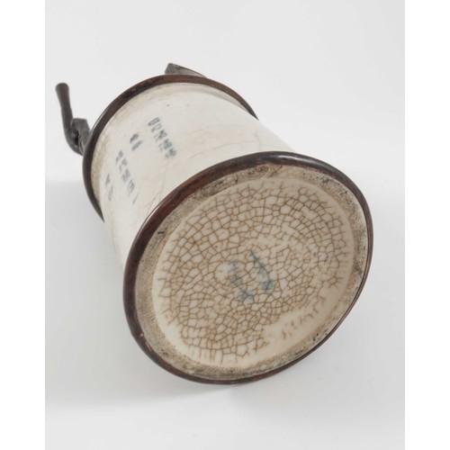 302 - CHINESE PORCELAIN BLUE AND WHITE CYLINDRICAL OPIUM SMOKER WITH METAL FITTINGS AND CRACKLE GLAZED DEC... 