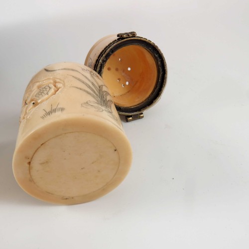 443 - 19TH CENTURY ORIENTAL CYLINDRICAL IVORY POT WITH HINGED COVER, AND AN IVORY PERFUME BOTTLE WITH CHIN... 