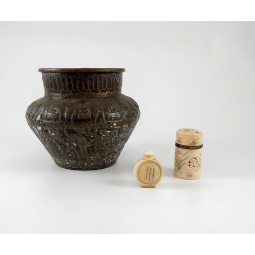 443 - 19TH CENTURY ORIENTAL CYLINDRICAL IVORY POT WITH HINGED COVER, AND AN IVORY PERFUME BOTTLE WITH CHIN... 