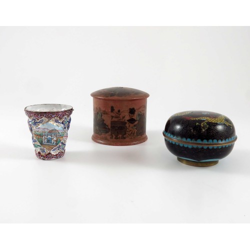 441 - BEAKER WITH ENAMELLED DECORATION, CIRCULAR ORIENTAL CLOISONNE POT AND COVER AND ALACQUERED POT AND C... 