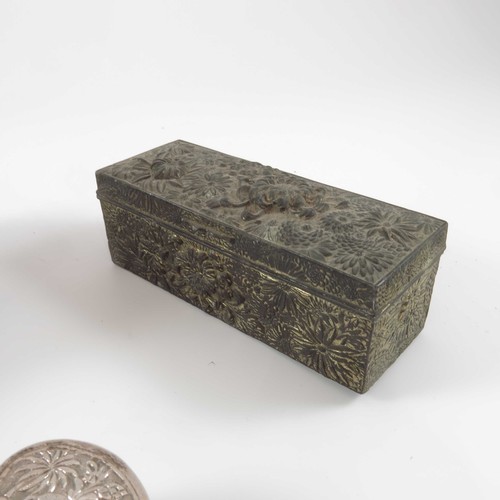 444 - VARIOUS ORIENTAL BOXES, BOX WITH RELIEF DRAGON DECORATION AND HINGED COVER, RECTANGULAR BOX WITH REL... 