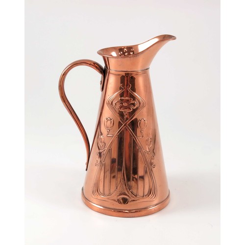 409 - AN ART NOUVEAU TAPERING CYLINDRICAL COPPER JUG BY JOSEPH SANKEY & SONS WITH EMBOSSED FLORAL DECORATI... 