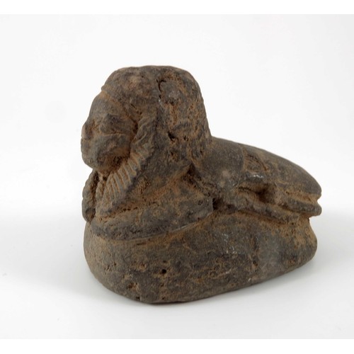 469 - AN EGYLTIAN STONE SCARAB SEAL MODELLED AS A SPHINX, APPROX. 8 cm