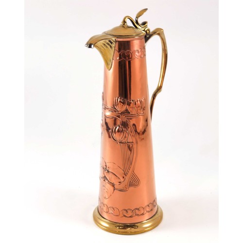 408 - CARL DEFFNER, A VERY STYLISH COPPER AND BRASS ART NOUVEAU JUG WITH EMBOSSED DECORATION, IMPRESSED MA... 