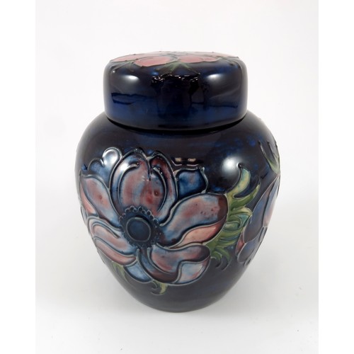 365 - MOORCROFT ANENOME PATTERN ON BLUE GROUND GINGER JAR AND COVER