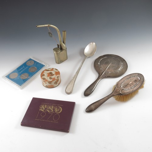 629 - SILVER BACK MIRROR AND BRUSH, OTHER SILVER PLATED WARE  AND BRASSWARE